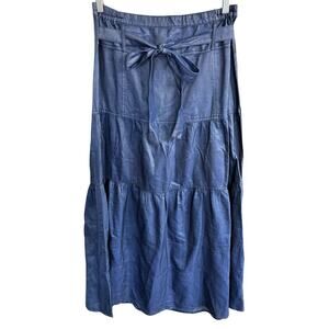 Deja Bleu Premium Denim Maxi Skirt Tiered Belted Prairie Western Boho M Peasant